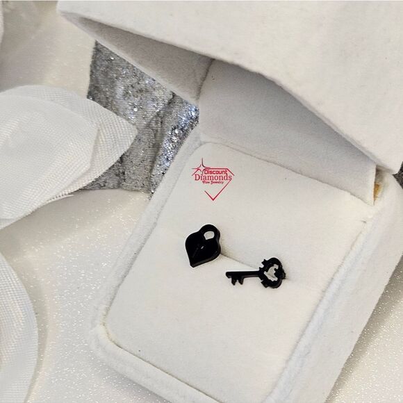 Black Titanium Lock and Key Stud Pushback Earrings. - Picture 5 of 14